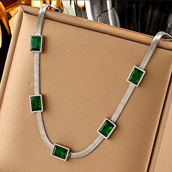 Sterling Silver Emerald Charm Herringbone Flat Charm Necklace - Picture 1 of 1